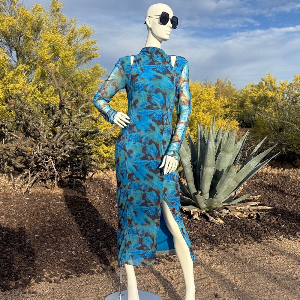 Top shop Blue Floral Sheer Long Sleeve mesh Midi Dress